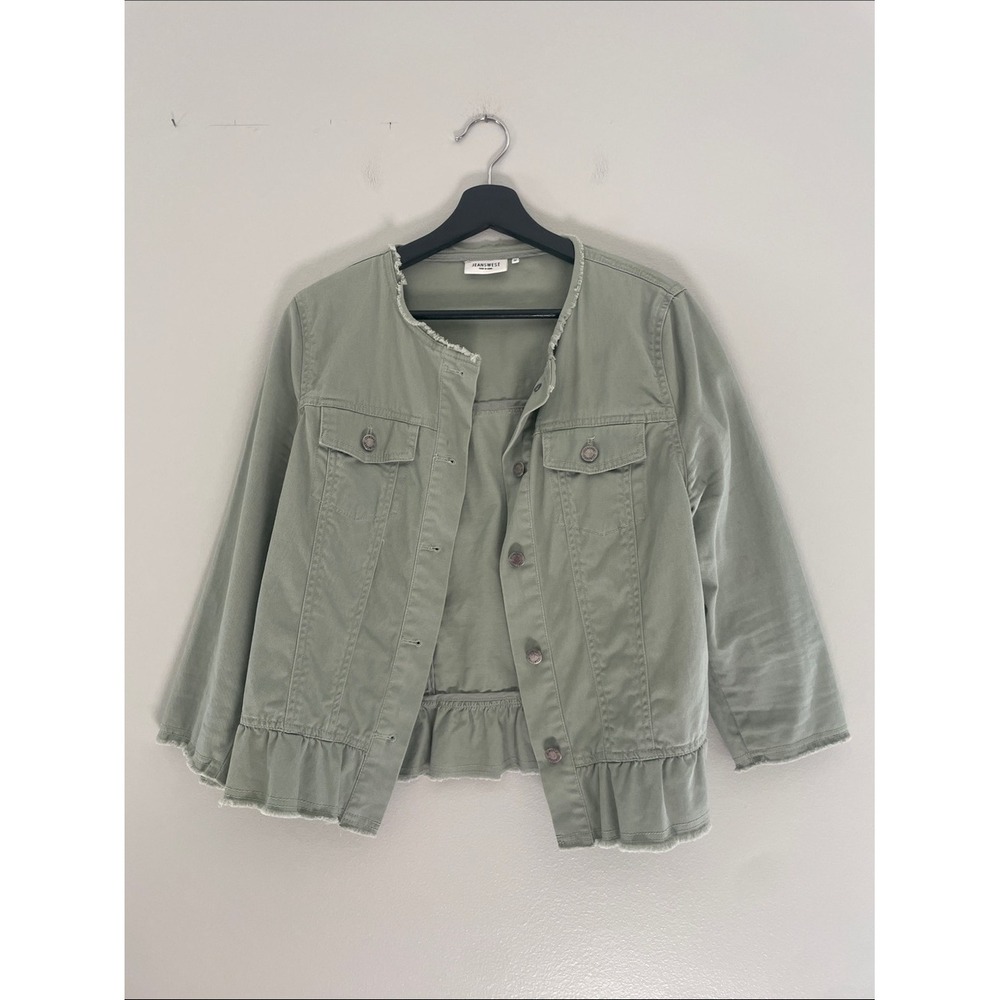 Jeanswest Sage Green Peplum Utility Jacket Ruffle Hem Frayed Edge Size 12